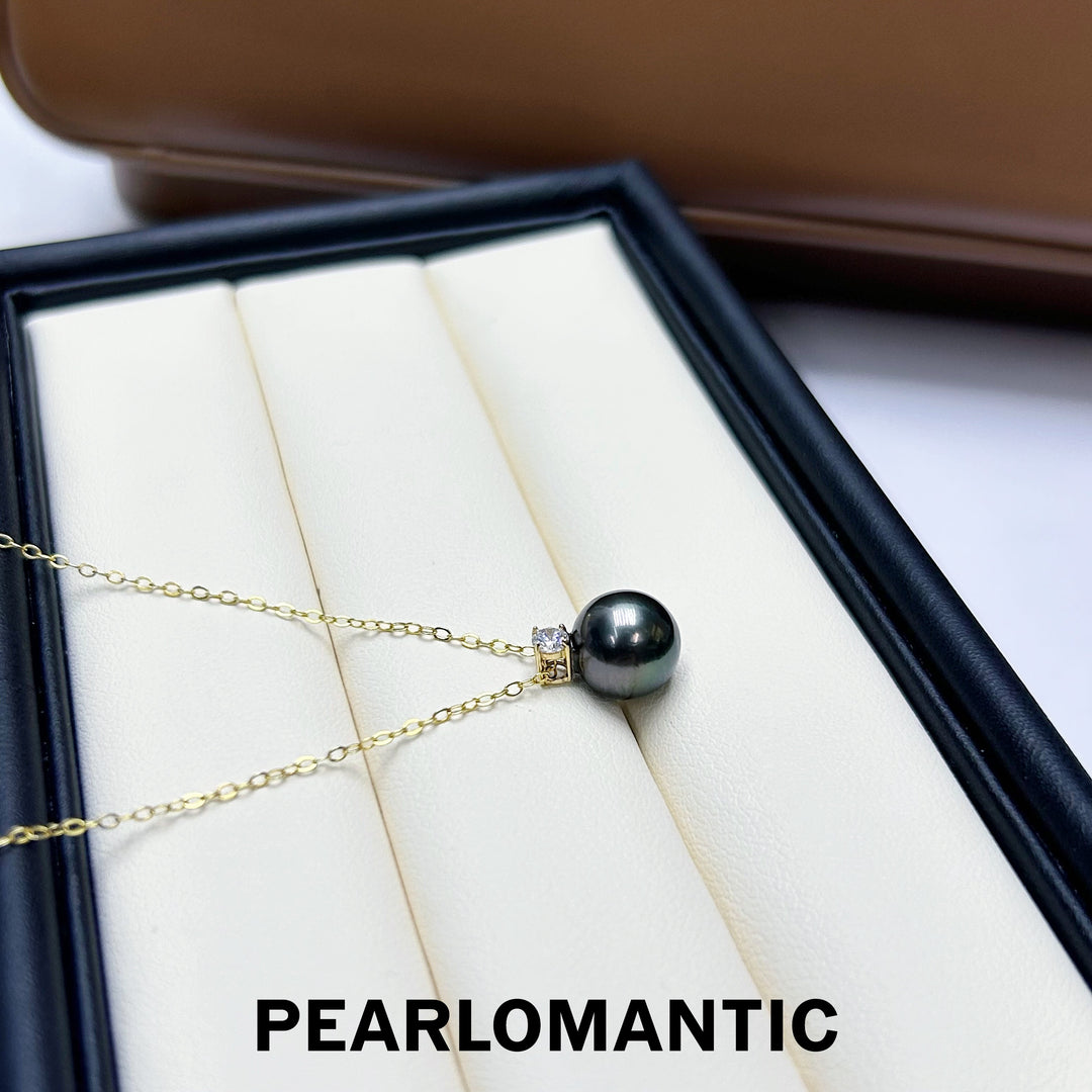 [Fine Jewelry] 18k Gold Tahitian Black Pearl 9-10mm & Zircon Pendants w/ S925 Chain