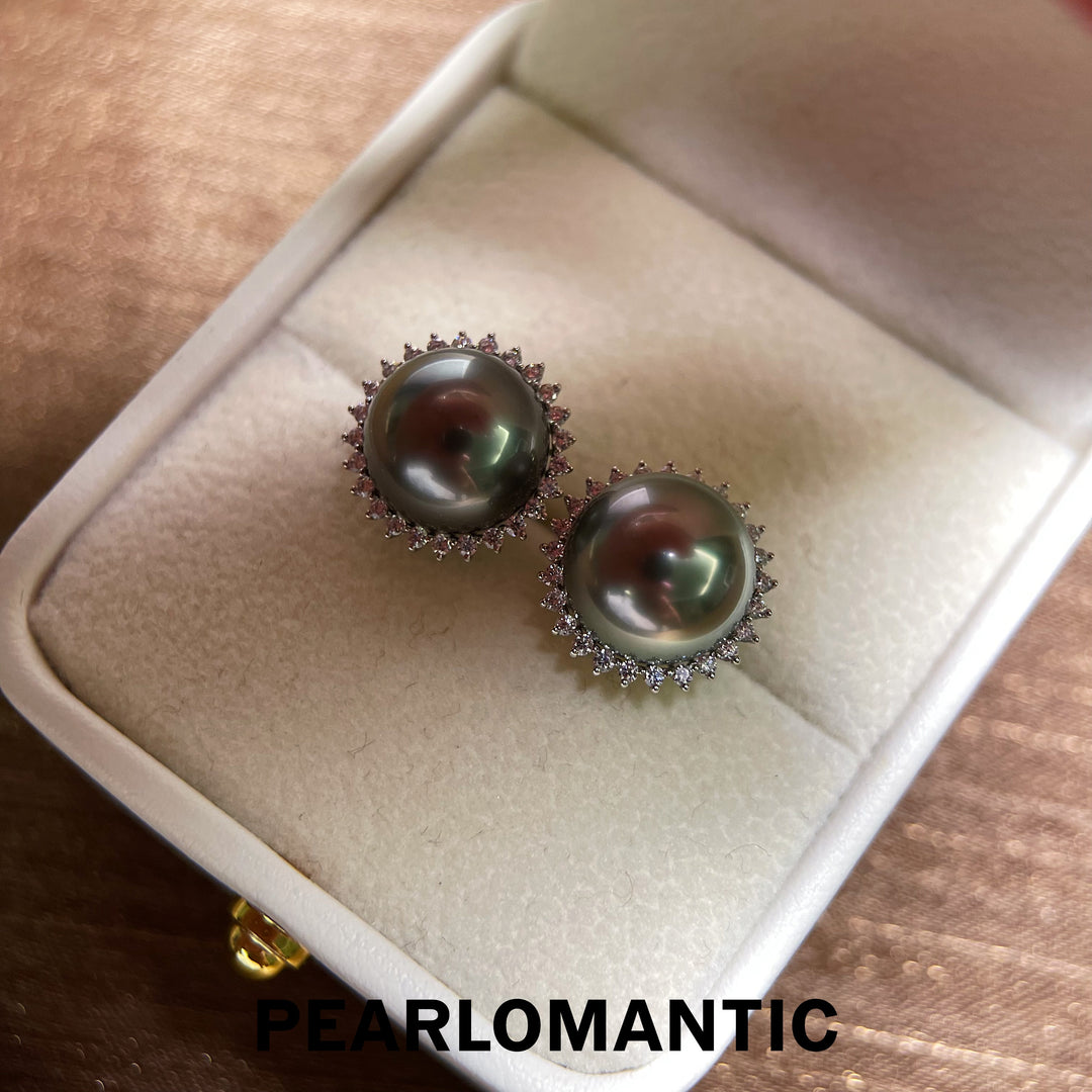 [Fine Jewelry] Tahitian Black Pearl 14k Gold Mirror-Like Earring Studs Platinum Grey