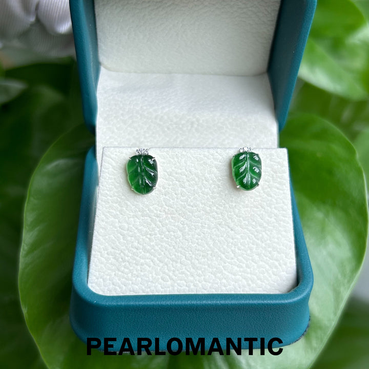 [Fine Jewelry] 18k White Gold & Diamond & Jade Leaf Design Earring Studs