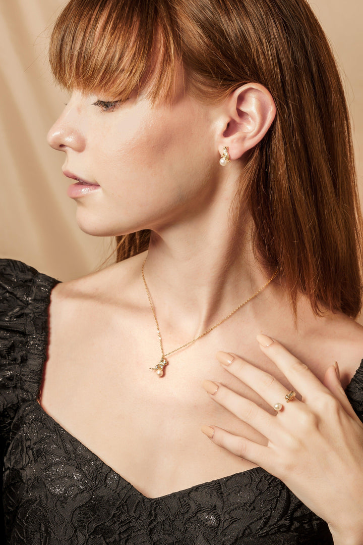 【Everyday Essentials】Meow Kitty Freshwater White Pearls Set - Earring, Pendant, Ring
