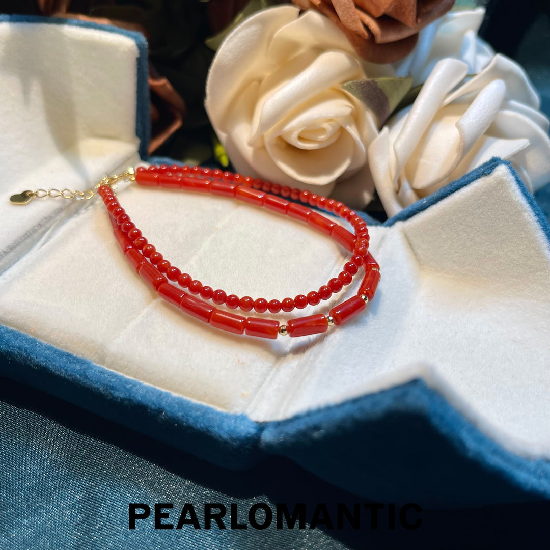 [Fine Jewelry] 18k Gold & Red Coral Doubale Layer Two Shapes Bracelets Adjustable