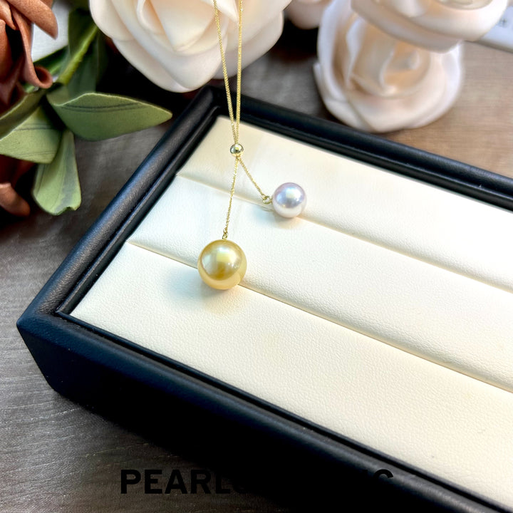 [Fine Jewelry] Akoya & South Sea Golden Pearl Dual Pearl Pendant w/ Adjustable 18k Gold Chain