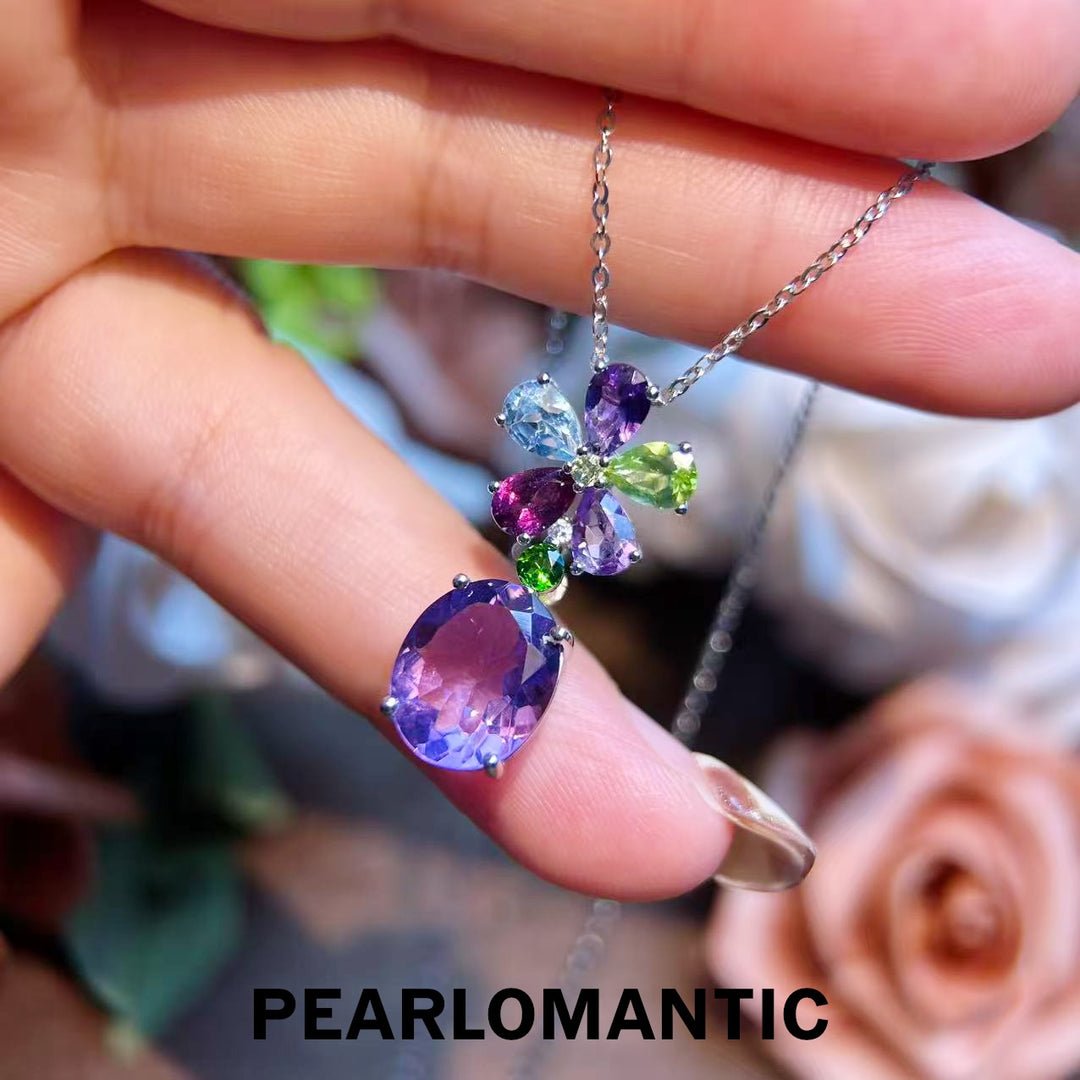 [Designer's Choice] S925 Silver Amethyst & Multi-Gem Floral Necklace w/ Silver Chain
