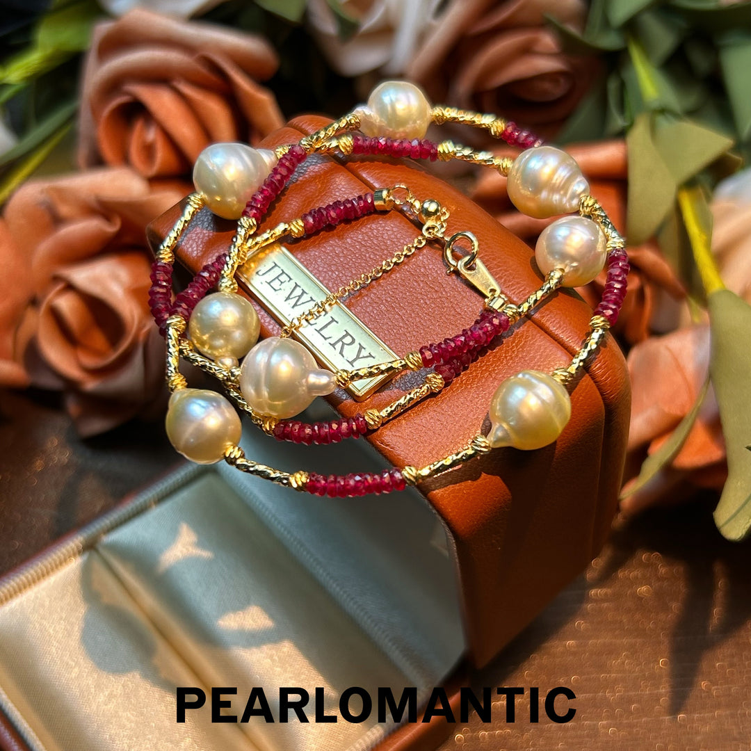 [Designer's Choice] South Sea Golden Pearl & Ruby Adjustable Necklaces w/ S925 Silver