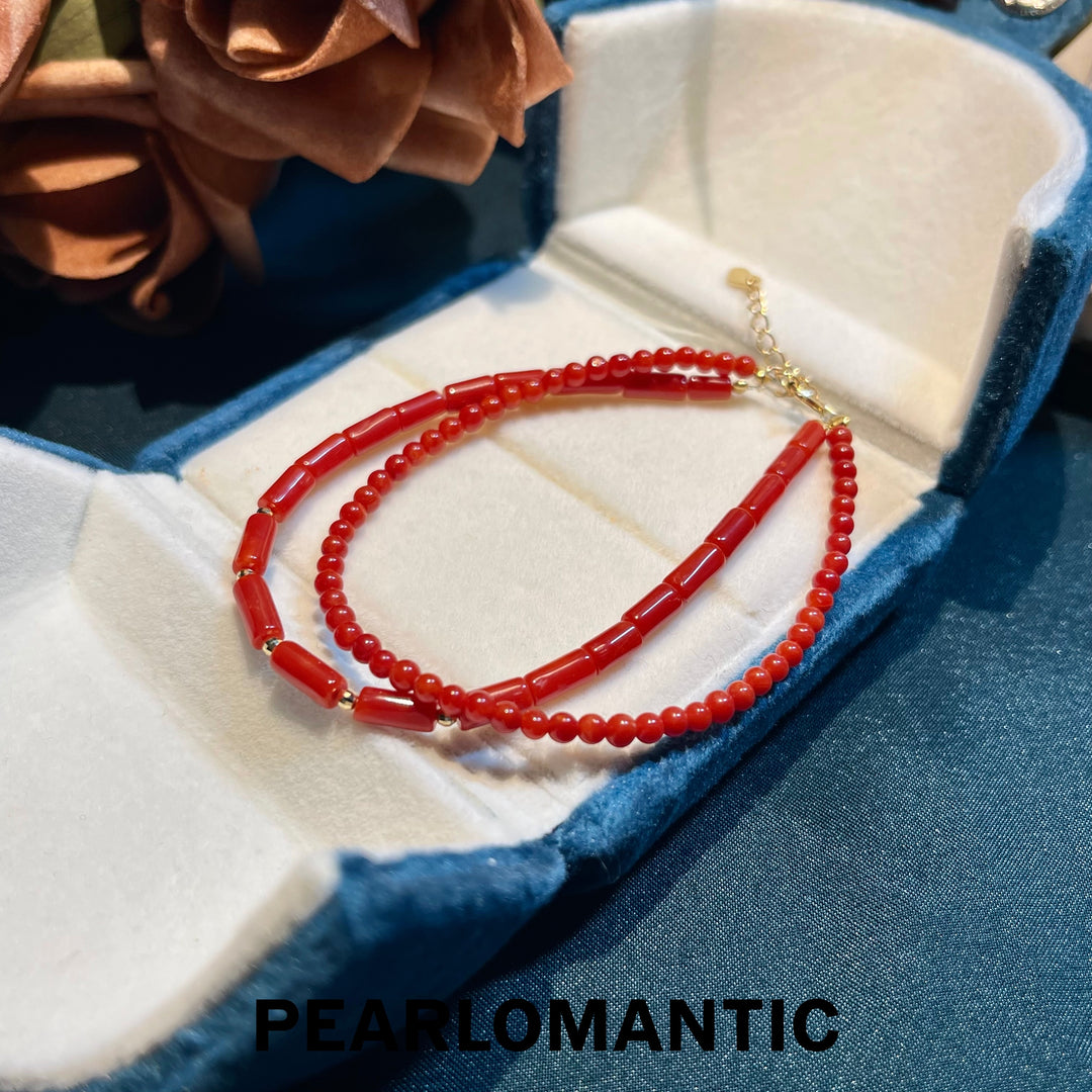 [Fine Jewelry] 18k Gold & Red Coral Doubale Layer Two Shapes Bracelets Adjustable
