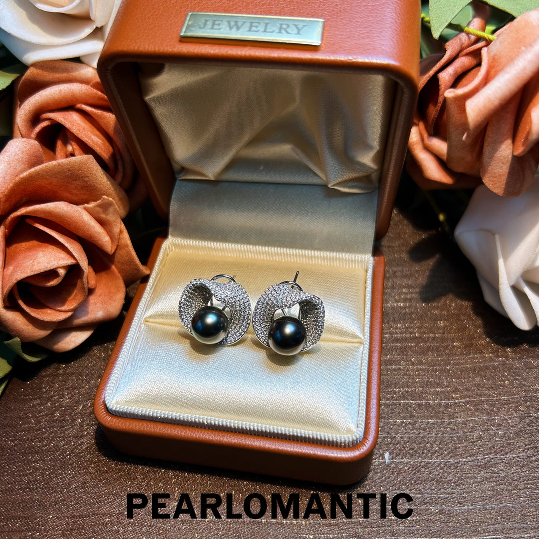 [Designer's Choice] Tahitian Black Pearl Obsidian Bloom S925 Silver Ear Clips