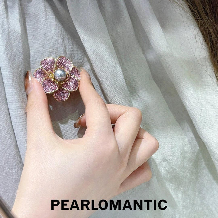 [Designer's Choice] S925 Silver 10-11mm Tahitian Platnium Grey Pearl Zircon Flower Brooch