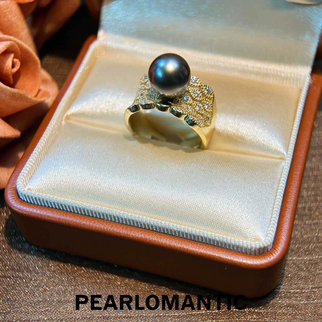 [Designer's Choice] Tahitian Black Pearl Vintage Engraved S925 Silver Adjustable Rings