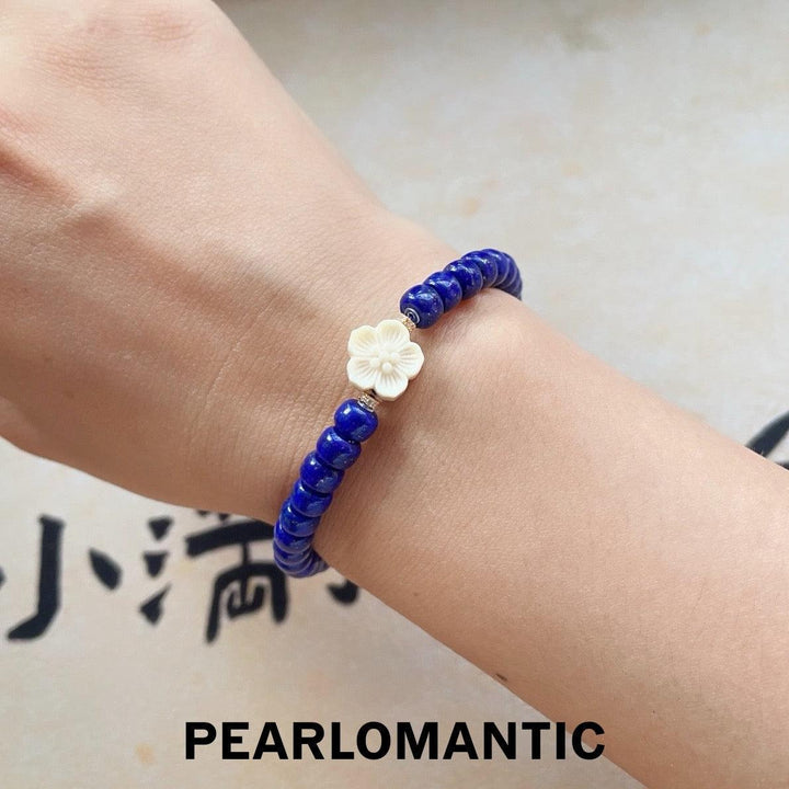 [618 Sale] 6–7mm Lapis Lazuli Bracelet w/ White Flower Accent