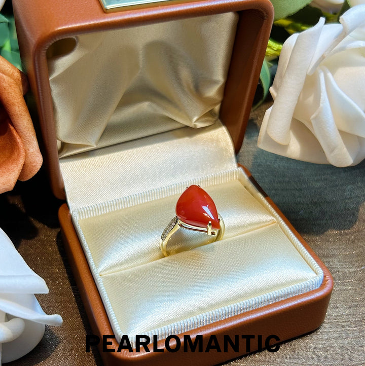 [Fine Jewelry] Red Coral Big Size 6.26ct Unique Design Ring w/ 14k Gold & Diamonds