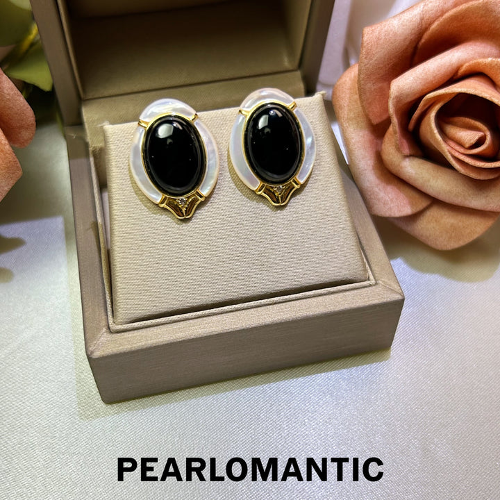 [618 Sale] Black Agate White MOP Oval Frame Earrings w/ S925 Silver
