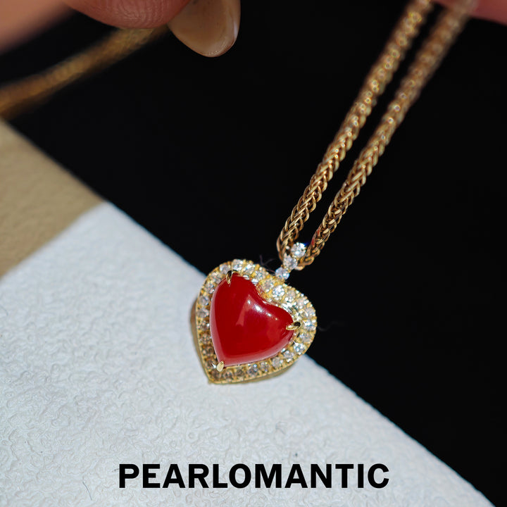[Joyas finas] Colgante de oro de 18k con corazón de coral AKA y diamante "Llama Eterna"