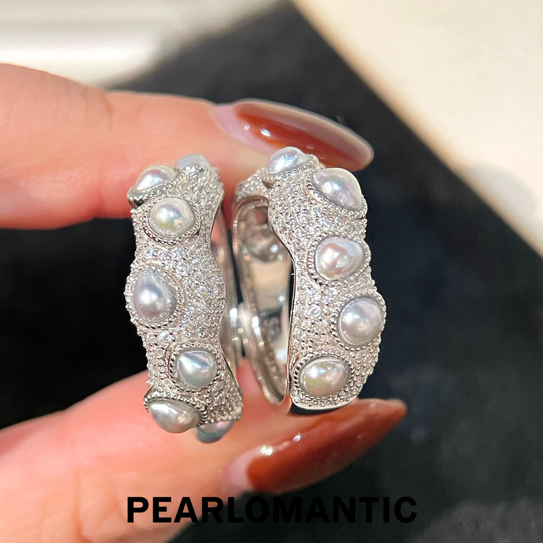 [Designer's Choice] Akoya Keshi Pearl Lustrous Pave-Set Textured S925 Adjustable Ring