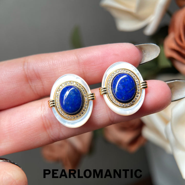 [618 Sale] Royal Blue Lapis MOP Oval Halo Earrings w/ S925 Silver