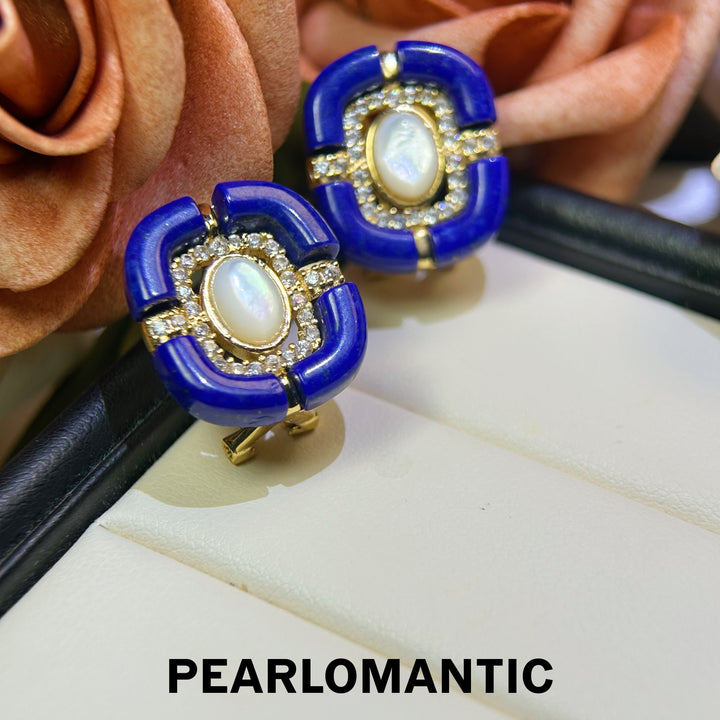 [618 Sale] Natural Lapis Lazuli Blue Frame MOP Stud Earrings w/ S925 Silver