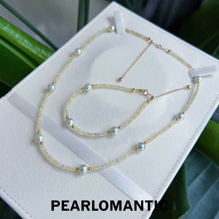 [618 Sale] Opal &amp; Silver Blue Pearl Necklace Bracelet Set