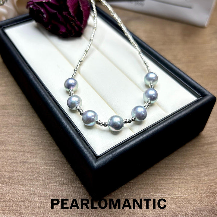 [Designer's Choice] Akoya Silve Blue Color Pearl Spaced Design Necklace & S925 Silver