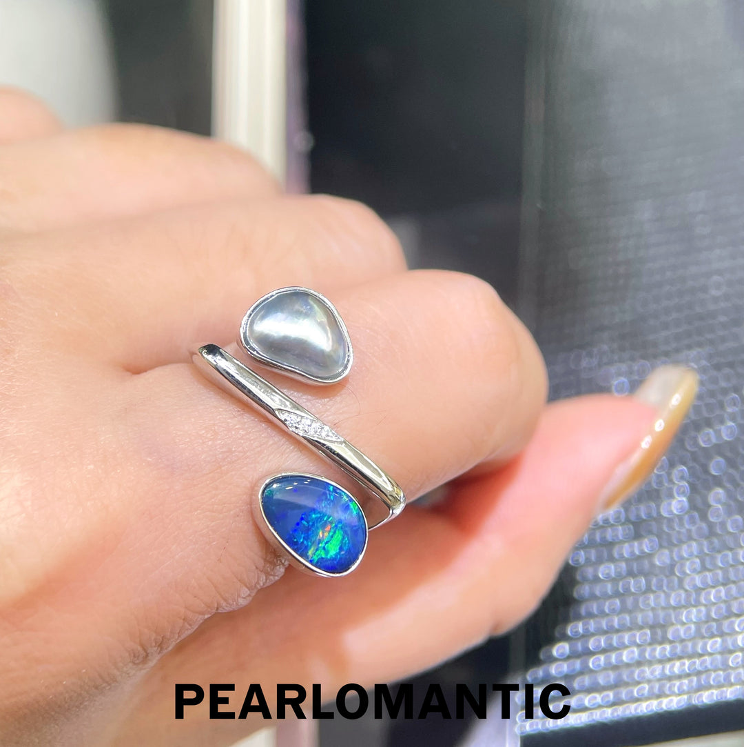 [Designer's Choice] Tahitian Keshi Pearl & Australian Opal Twisted Teardrop S925 Ring