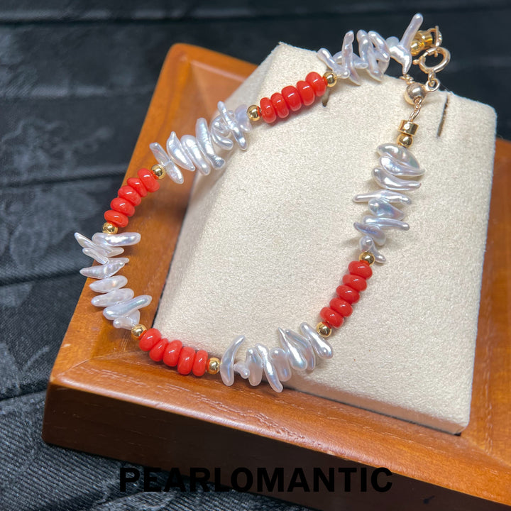 [618 Sale] Mabe Keshi Pearl &amp; Red Coral Fishbone Bracelet w/ S925 Silver