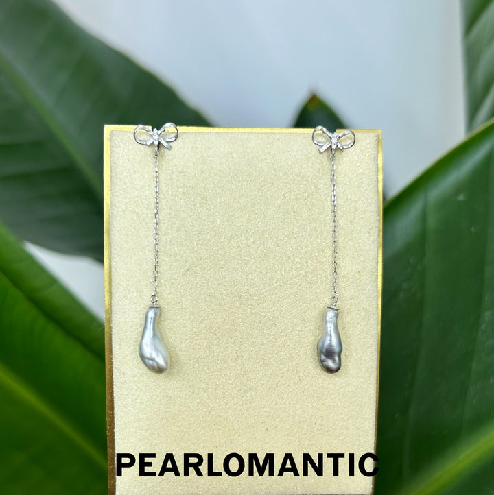 [Designer’s Choice] Tahitian Keshi Pearl Multi-Sizes Bowtie Drop Earrings w/ Moissanite and 18k White Gold