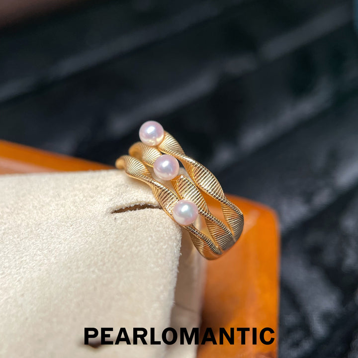 [618 Sale] 3–4mm 5A Akoya Pink Tone Triple Wave Ring w/ S925 Silver