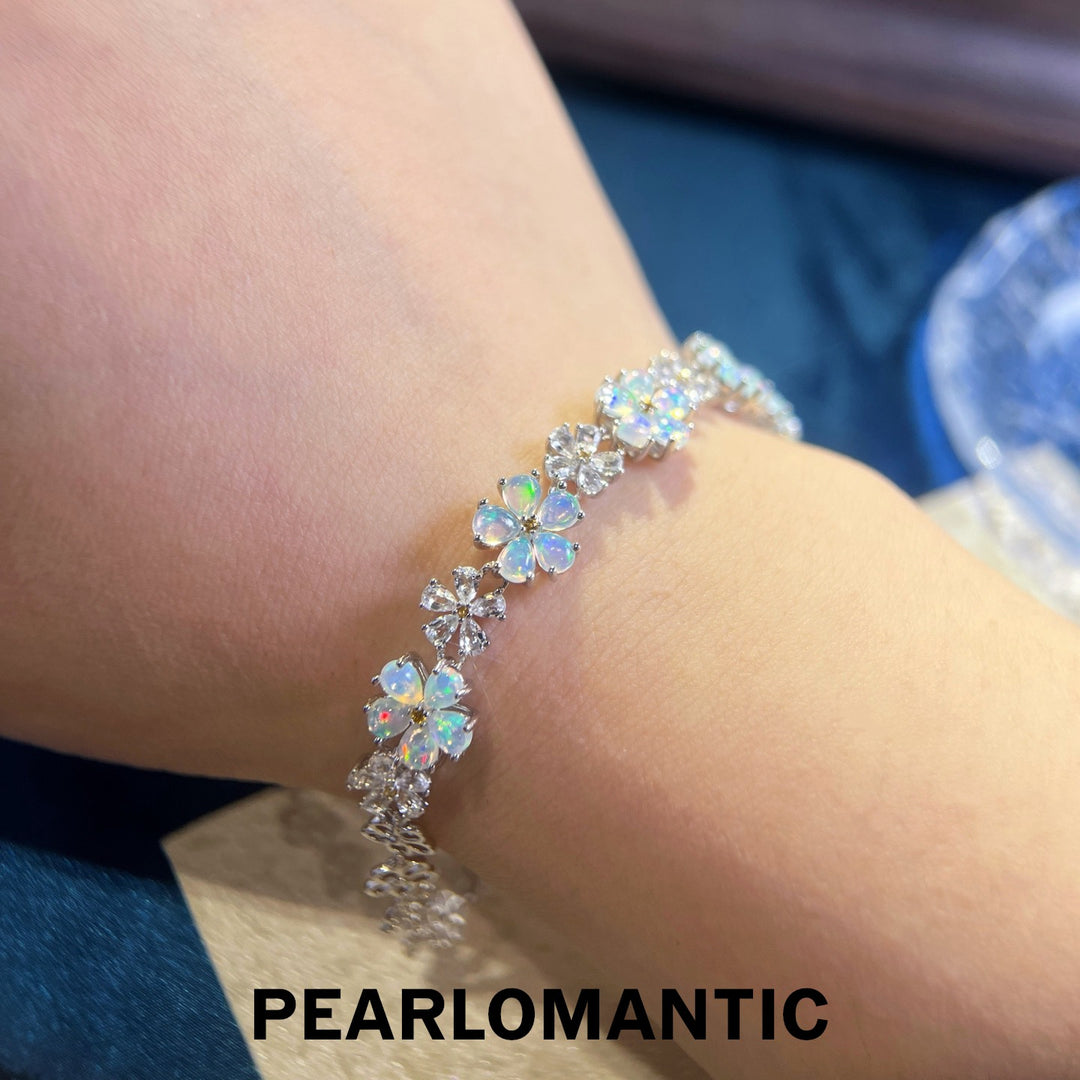 [Designer's Choice] Iridescent Opal & Rock Crystal Floral Bloom S925 Adjustable Bracelet