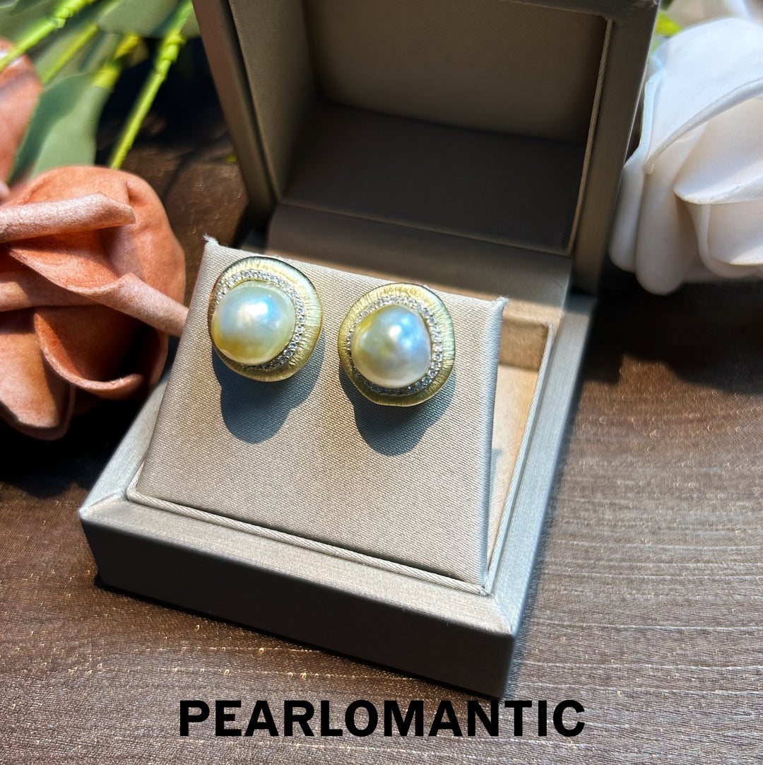 [Designer's Choice] Australian White Baroque Whisper of Gold Earring Studs w/ S925