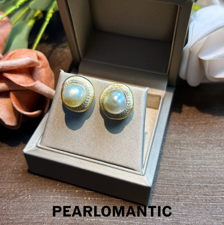 [Designer's Choice] Australian White Baroque Whisper of Gold Earring Studs w/ S925