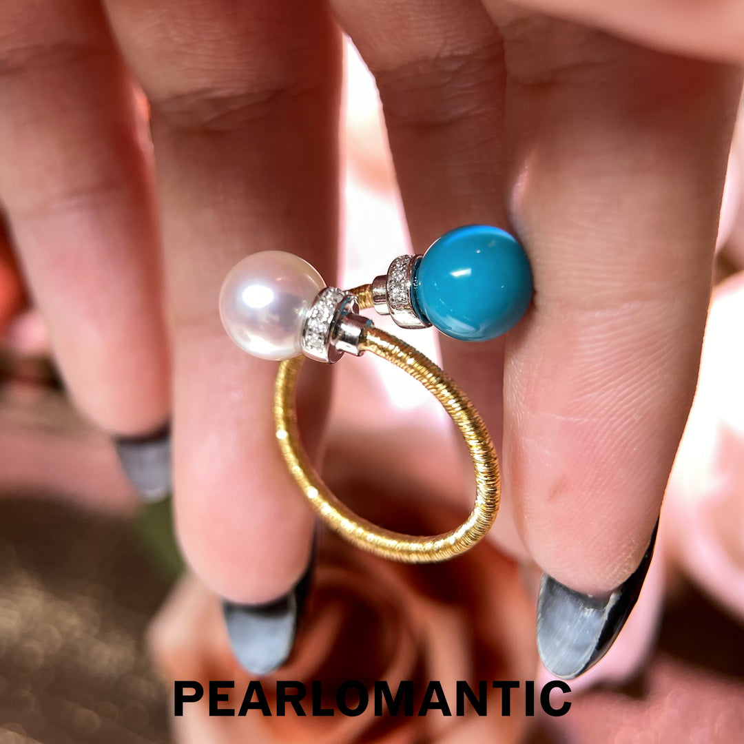 [Designer’s Choice] Ocean Duo 8–8.5mm Turquoise &amp; Akoya Pearl Gold-Plated Open Bangle