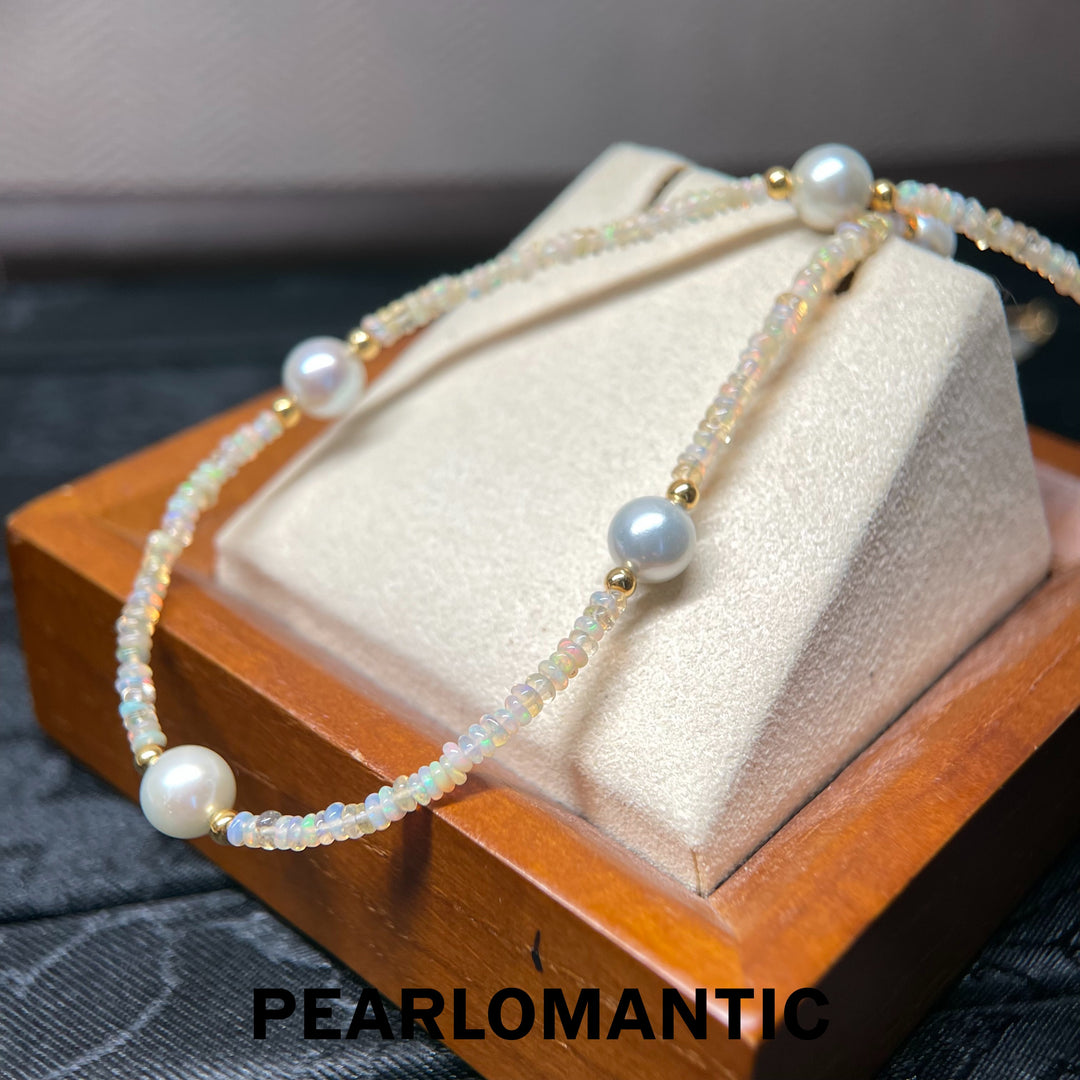 [618 Sale] Opal &amp; Silver Blue Pearl Necklace Bracelet Set