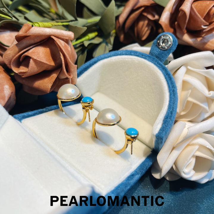 [Designer's Choice] Ocean Split Mabe Pearl Meets Turquoise Earrings & Rings Silver w/ Gold