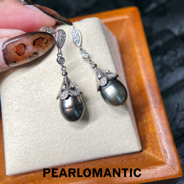 [618 Sale] Tahitian Black Baroque Pearl Flower Cap Drop Earrings