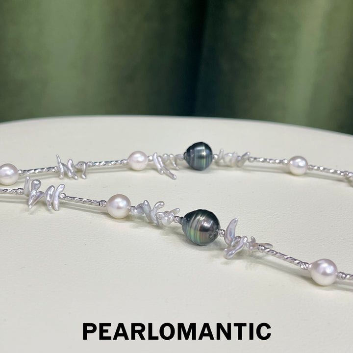 [Designer's Choice] Akoya + Australian Keshi Pearl + Tahitian Baroque Pearl Necklace w/ S925