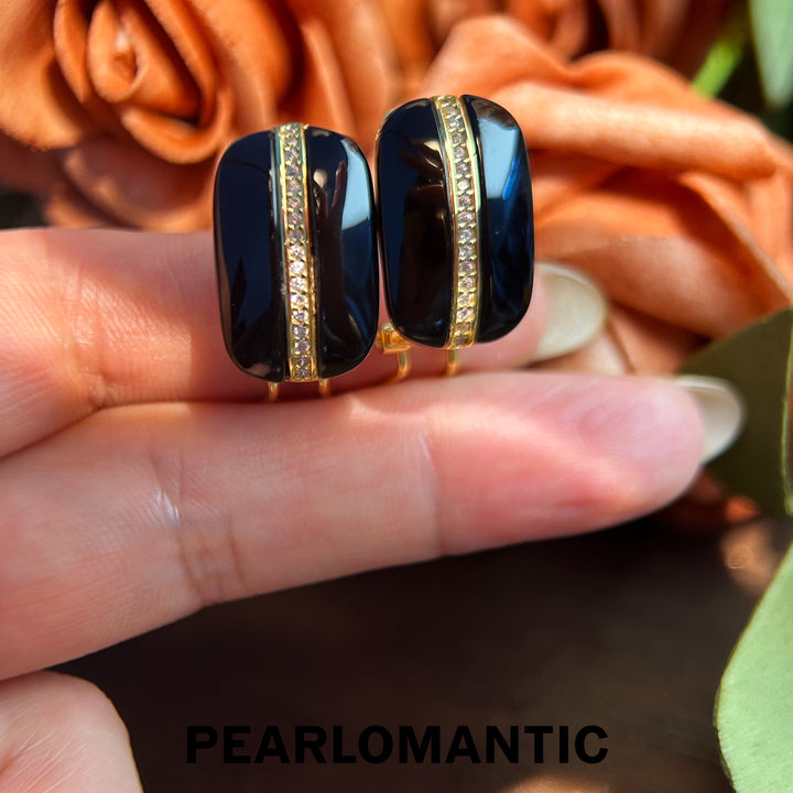 [Everyday Essentials] Black Agate Velvet Panels of Golden Whisper Earrings w/ S925