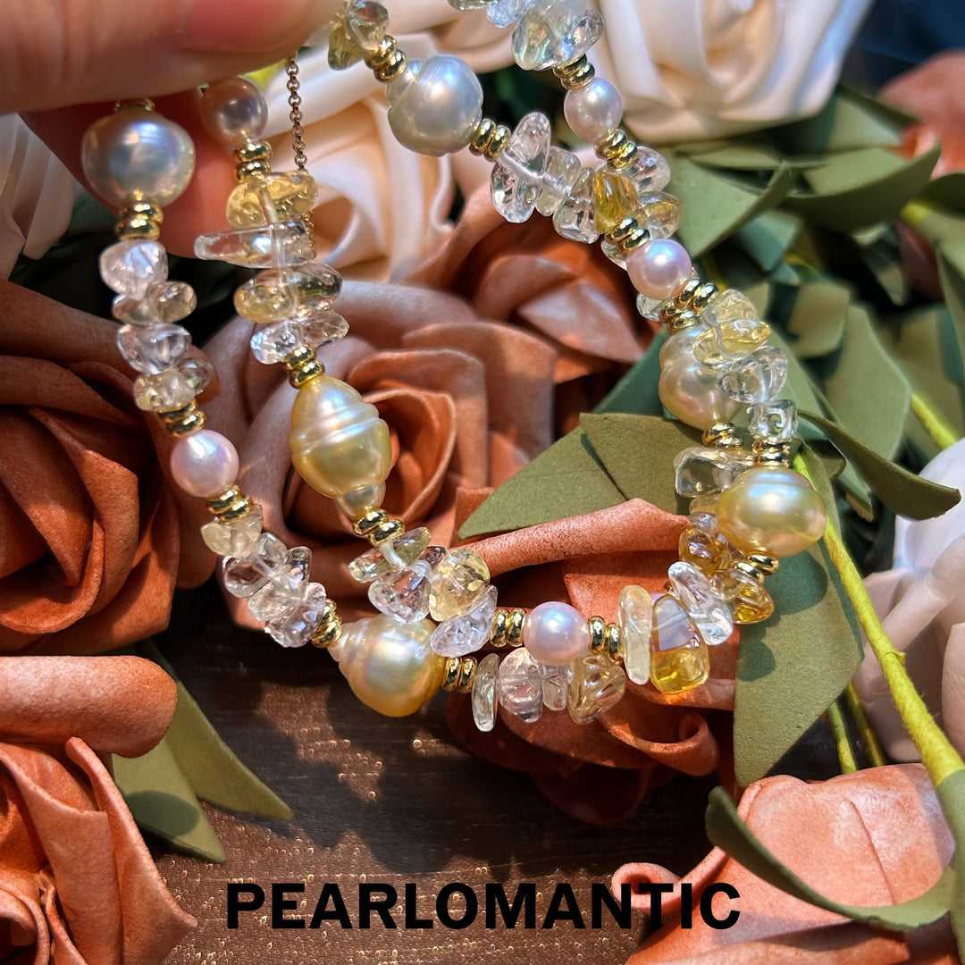 [Designer's Choice] Tri-Pearls One-of-Kind Golden Sunlight Adjustable Necklace w/ Silver