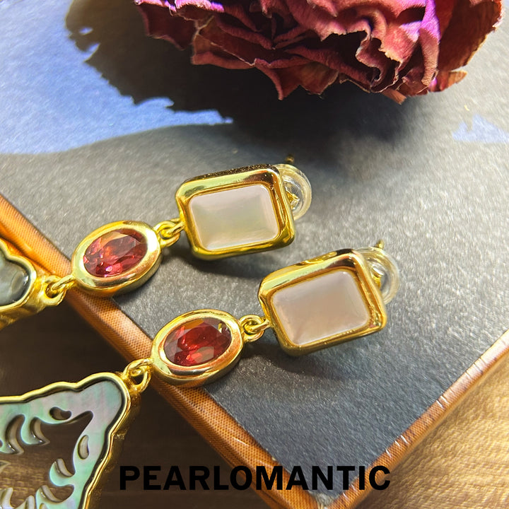 [Everyday Essnetials] Garnet w/ Black & White MOP Fancy Earring Studs