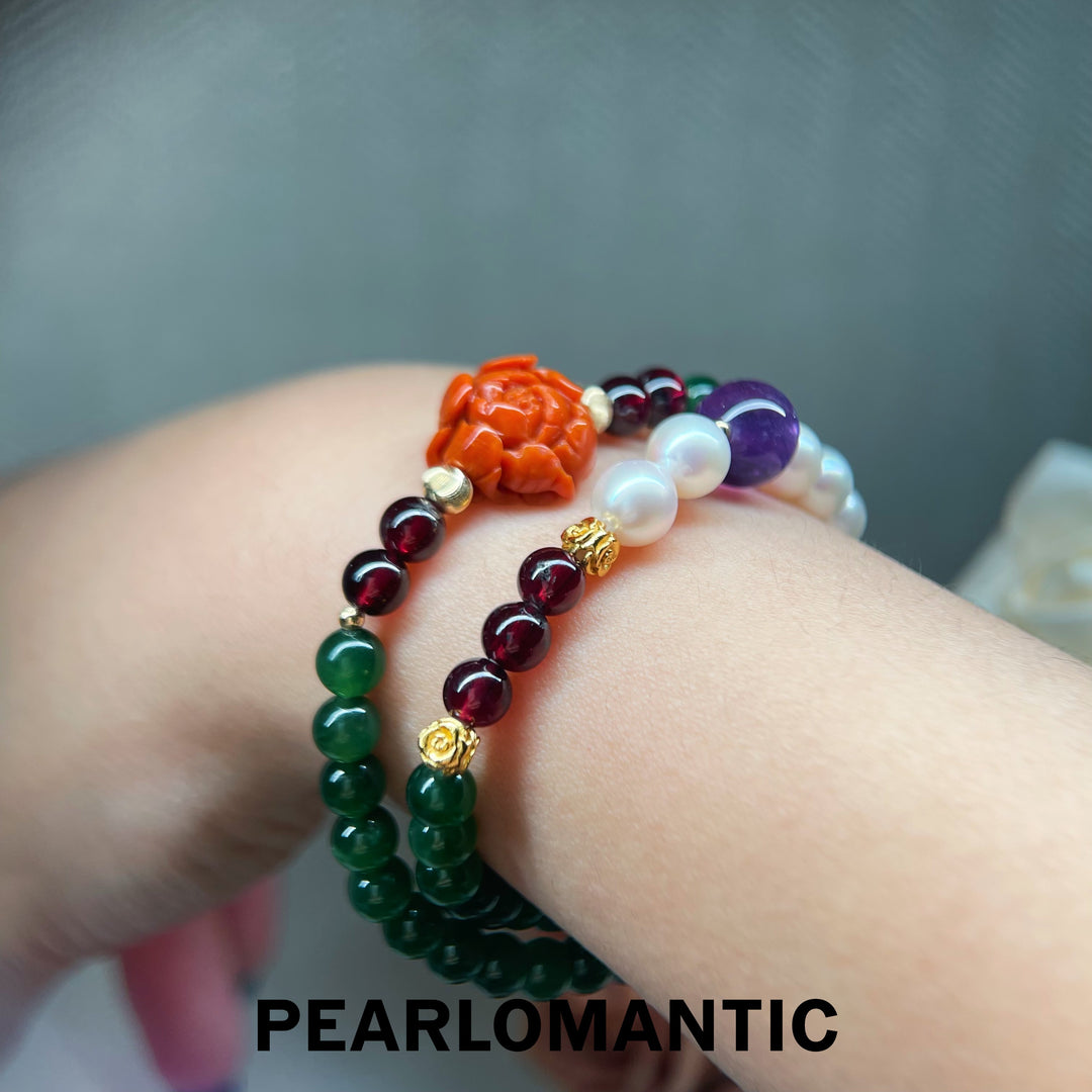 [Designer's Choice] Eastern Garden Southern Red Agate & Akoya Pearl Double-Layered Bracelet