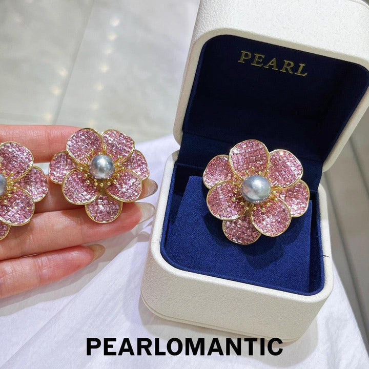 [Designer's Choice] S925 Silver 10-11mm Tahitian Platnium Grey Pearl Zircon Flower Brooch