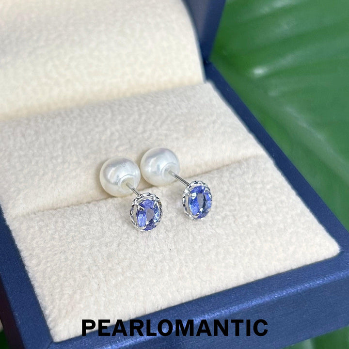 [Fine Jewelry] Akoya 7-7.5mm Pearl Tanzanite Earring Stud w/ 18k White Gold