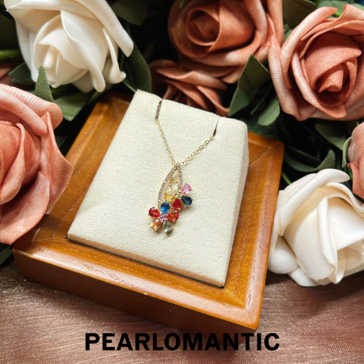 [Fine Jewelry] 18k Gold Multicolored Sapphires Glamour Blossom Pendants w/ Adjustable Chain