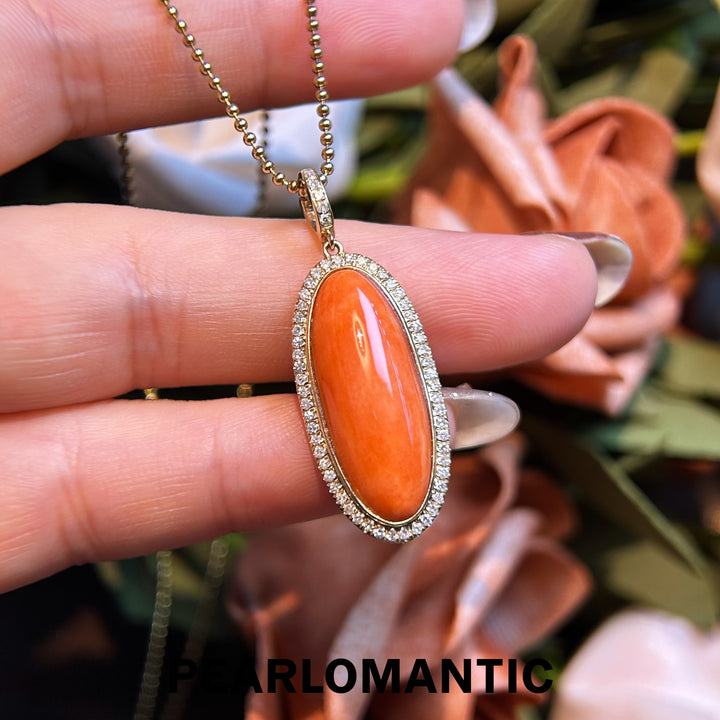 [Fine Jewelry] Pink Coral Big 7.95ct Oval Shape All-purpose Pendants w/ 14k Gold & Diamonds