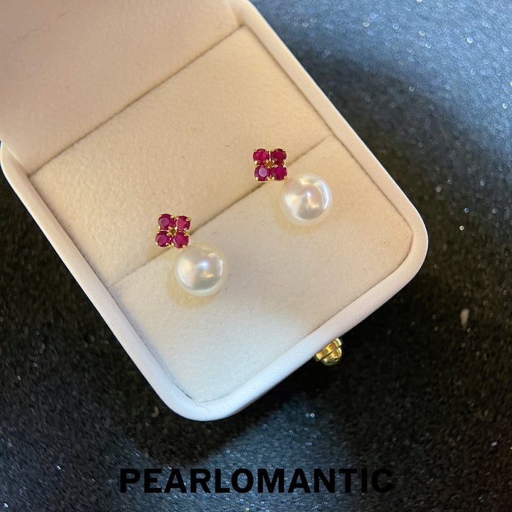 [Fine Jewelry] Akoya 8-8.5mm Pearl Natural Ruby 18k Gold Earring w/ Certificate