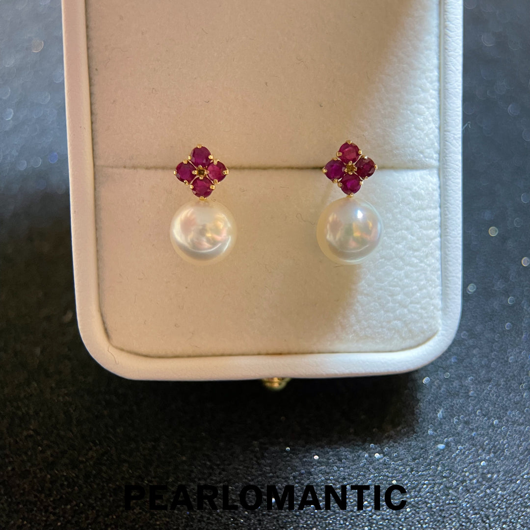 [Fine Jewelry] Akoya 8-8.5mm Pearl Natural Ruby 18k Gold Earring w/ Certificate