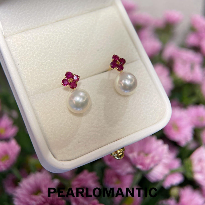 [Fine Jewelry] Akoya 8-8.5mm Pearl Natural Ruby 18k Gold Earring w/ Certificate
