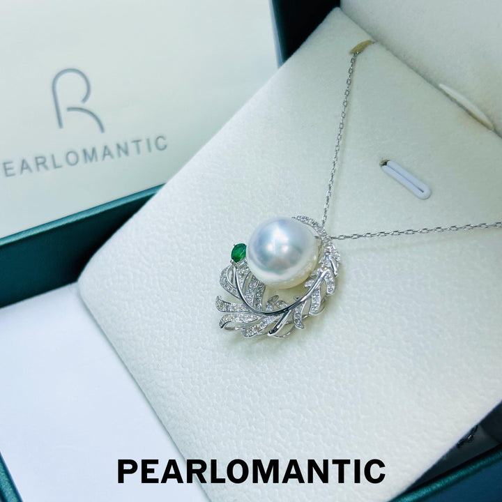 [Fine Jewelry] Australian White Pearl 12.7mm Feather Design Pendant w/ 18k White Gold & Diamond