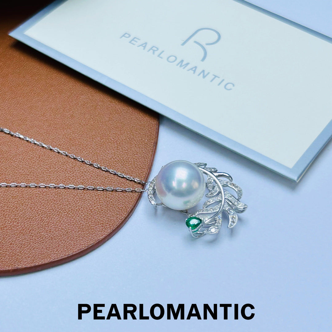 [Fine Jewelry] Australian White Pearl 12.7mm Feather Design Pendant w/ 18k White Gold & Diamond