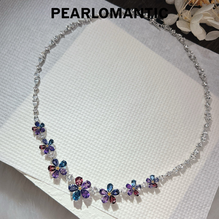 [Designer’s Choice] Rainbow Garden Natural Multi-Gemstone Floral Necklace in S925 Silver
