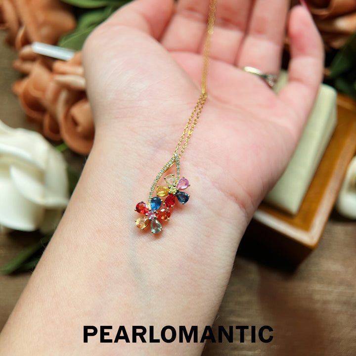 [Fine Jewelry] 18k Gold Multicolored Sapphires Glamour Blossom Pendants w/ Adjustable Chain