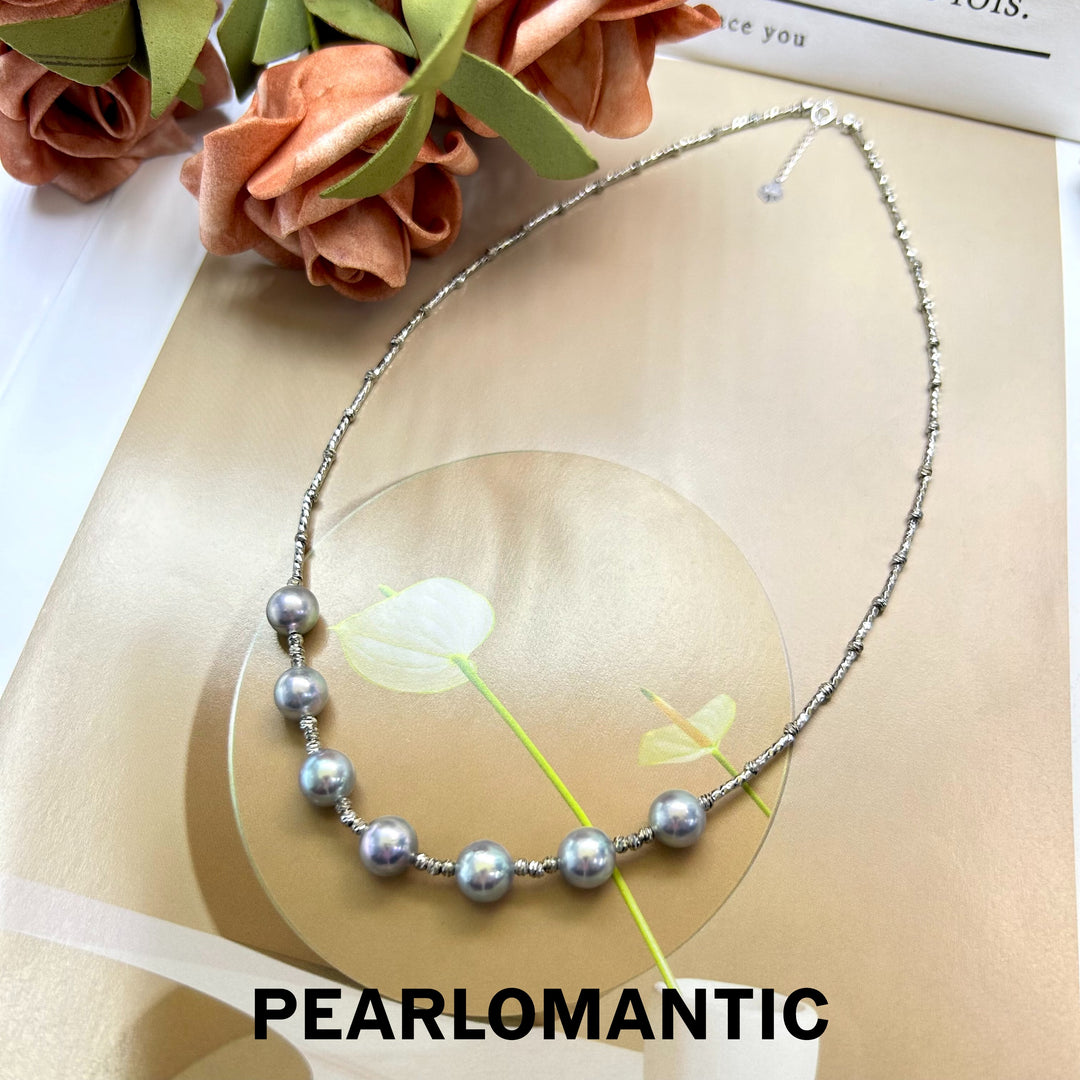 [Designer's Choice] Akoya Silve Blue Color Pearl Spaced Design Necklace & S925 Silver