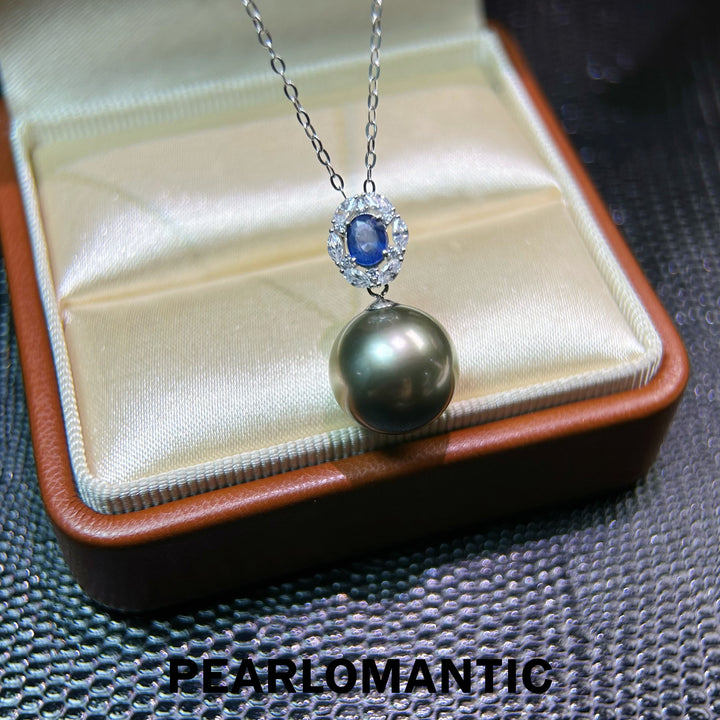 [Spring Sale] Mystic Galaxy Radiant 12.2mm Rare Color Black Pearl Necklace w/ Sapphire